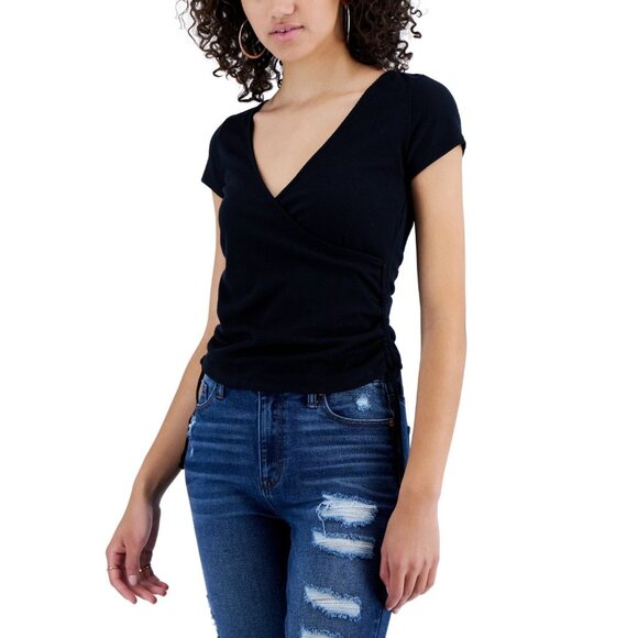 Crave Fame Ruched Knit V-Neck Wrap Top With Drawstrings In Black For Juniors' - Picture 1 of 9
